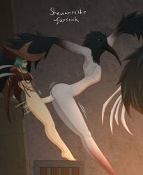 1girls 1intersex ornifex dark_souls dark_souls_2 bearer_of_the_curse dim_lighting witch bird_humanoid wings height_difference from_behind from_behind_position shewantsthejoystick commission bluesky_link newgrounds_link furaffinity_link partially_clothed witch_hat black_feathers green_hair blush grey_body light_skin looking_back ambiguous_penetration big_penis shelf emanata long_fingers on_tiptoe genital_fluids crow_wings crow_humanoid crow_girl penis sex black_eyes small_breasts no_breasts