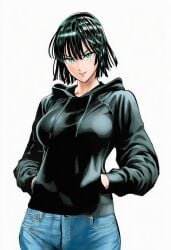 1girls 2d accurate_art_style accurate_body_type ai_generated big_breasts black_hair black_hoodie blue_jeans bob_cut breasts casual cel_shading clothed clothing cowboy_shot drawstring eyelashes facing_viewer female female_focus female_only front_view fubuki_(one-punch_man) green_eyes green_hair hair_between_eyes hands_in_pockets high_resolution highres hood hood_down hoodie jeans large_breasts light-skinned_female light_skin line_art long_sleeves looking_at_viewer manga_style murata_yuusuke_(style) official_style one-punch_man pants shiny_hair short_hair simple_background slender_body smile solo solo_female solo_focus standing thin_eyebrows waifu white_background