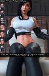 darkbahamuth tifa_lockhart final_fantasy final_fantasy_vii 3d 3d_(artwork) female pinup sitting from_below text snapchat midriff tummy belly navel stockings crop_top