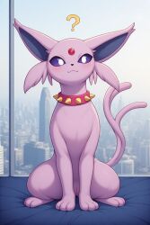 ai_generated bedroom espeon female furry nude_female on_bed pokemon pokemon_(species) purple_eyes pussy quadruped question_mark sitting smile spiked_collar spread_legs