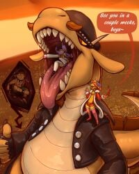 afro ankou_(nommz) anthro asmodeus_(kings_of_hell) big_butt bodily_fluids bovid bune_(kings_of_hell) butt caprine clothed clothing crown demon dragon drooling eyewear fan_character femboy glasses goat grin group hair hair_over_eyes headgear hi_res imp leather_daddy long_nails macro male male/male mammal mouse murid murine mythological_creature mythological_scalie mythology nommz oral_vore overweight rodent saliva scalie size_difference smile soft_vore stepped_on text thong tongue tongue_out trio underwear vore