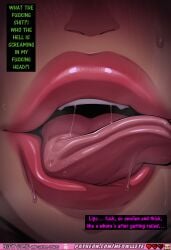 ai_generated comic comics comic_strip lara_croft lara_croft_(classic) lara_croft_(survivor) tomb_raider_(survivor) tomb_raider_(classic) tomb_raider female solo closeup extreme_closeup lips mouth tongue tongue_out long_tongue open_mouth ahegao drooling saliva string_of_saliva glossy_lips swollen_lips thick_lips plump_lips red_lips shiny_lips wet_lips lipstick wet messy sloppy face_focus oral_focus mind_control hypnotic_text text speech_bubble vulgar_text nsfw explicit erotic aroused blush sweat sweating skin_shine tears distressed pleasure_expression thick_tongue dripping fluids vulgar_language adult_comic meowllete