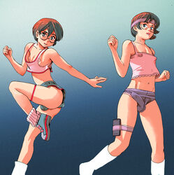 androgynous blue_eyes blush brown_hair bulge clothes erect_nipples eyewear femboy glasses human jjfrenchie male male_only navel nipple_slip nipples see-through short_hair shorts solo standing sweatband tank_top thigh_strap