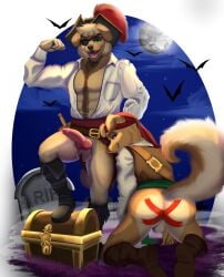 alley animal_genitalia animal_penis anthro ass_up backsack balls boots bottomless bottomless_anthro bottomless_male butt canid canine canine_genitalia canine_penis canis clothed clothing costume digital_media_(artwork) domestic_dog duo erection flexing flexing_bicep footwear full_moon fur genitals halloween halloween_costume hat headgear headwear hi_res holidays knot looking_at_viewer looking_back male male/male mammal melee_weapon moon nekochan002 night open_clothing open_mouth open_topwear outside penis pirate_costume pirate_hat shoes smile standing sword tail tombstone topwear treasure_chest weapon