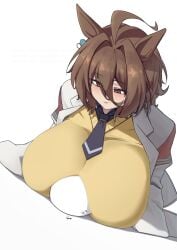 1boy 1girl absurdres agnes_tachyon_(tach-nology)_(umamusume) agnes_tachyon_(umamusume) ahoge alternate_breast_size_(larger) animal_ears between_breasts black_necktie black_shirt blush breast_smother breasts brown_eyes brown_hair chemical_structure collared_shirt commentary english_commentary english_text face_to_breasts faceless faceless_male hair_intakes head_between_breasts hetero highres horse_ears horse_girl huge_breasts k_dhen lab_coat long_sleeves looking_at_another medium_hair necktie open_clothes parted_lips shirt short_necktie simple_background sleeves_past_fingers sleeves_past_wrists smile solo_focus sweatdrop sweater sweater_vest text trainer_(umamusume) umamusume umamusume_pretty_derby white_background yellow_sweater_vest