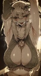 ai_generated antennae armpits belly belly_button belly_dancer belly_dancer_outfit big_breasts black_sclera femdom huge_breasts indie_virtual_youtuber juniper_actias mayyreel monster monster_girl moth moth_girl moth_humanoid smell smelly steam sweaty virtual_youtuber vtuber white_hair white_skin