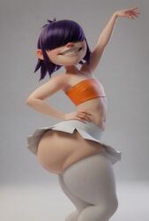 3d ai_generated asian bangs big_ass big_hips edit fat_ass gorillaz head_turned noodle_(gorillaz) pale_skin short_hair skirt small_breasts small_waist thick_thighs thong tubetop