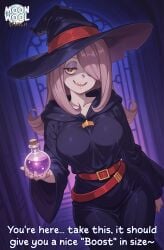 ai_generated ai_assisted breasts uncensored thick_thighs thighs thick_ass curvy curvy_female curvy_body moonwool_branch purple_hair pink_hair hair_over_one_eye one_eye_obstructed red_eyes pale_skin witch_hat witch little_witch_academia sucy_manbavaran comic caption talking talking_to_viewer big_breasts large_breasts clothed clothed_female solo solo_focus solo_female female female_only female_focus seductive seductive_smile seductive_look seductive_pose seductive_mouth seductive_eyes holding_object sharp_teeth open_mouth smile smiling looking_at_viewer