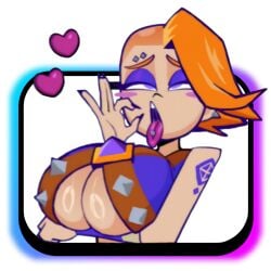 evolution_valkyrie_(clash_royale) emote emote_(clash_royale) clash_(series) clash_royale supercell tomboy 1girls female female_focus female_only asking_for_it asking_for_sex teasing teasing_viewer blowjob_gesture 2d 2d_(artwork) orange_hair huge_breasts breasts purple_eyes tattoo tattooed_arm cleavage cleavage_window solo solo_focus solo_female
