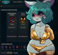 bikini blush breasts gameplay_mechanics gloves gold_bikini green_hair kindroseart large_breasts league_of_legends looking_away pink_eyes pointy_ears short_hair shortstack slim_waist stockings sweat sweatdrop thick_thighs vex_(league_of_legends) wide_hips yordle