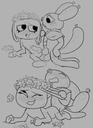 1boy 1futa balloon_animal balloon_dog bassie_(dandy's_world) blush blushing_profusely canine_penis chimeracocks dandy's_world dog futanari knotted_penis living_object looey_(dandy's_world) male/futa object_head partially_clothed precum_drip rule63 rule_63 self_harm_scars trans_woman transfem