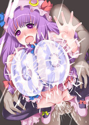 against_glass blush breast_press breasts breasts_on_glass female glass hat highres huge_breasts huge_nipples long_hair mozu-k mozuku_(djpw) navel open_mouth patchouli_knowledge purple_eyes purple_hair sex spread_legs testicles thighhighs touhou