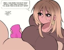 1boy 1girls animated artificial_vagina breasts clothed_female_nude_male clothing disappointed earring english_text handjob handjob_w/sex_toy huge_breasts imminent_ejaculation light-skinned_male light_skin looking_at_viewer mizuki_(ocerius) ocerius opaluva original sex_toy shirt small_penis sound t-shirt tagme talking_to_viewer tan-skinned_female tan_skin text tiny_penis video voice_acted