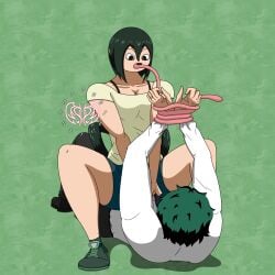 projectsubby anime_character anime my_hero_academia boku_no_hero_academia tsuyu_asui asui_tsuyu izuku_midoriya midoriya_izuku deku froppy 1girls 1boy reverse_rape frog frog_girl long_hair green_hair heart-shaped_pupils heart_eyes girl_on_top cowgirl_position long_tongue grabbing_tie tongue tongue_out restrained hands_tied dominant domination dominant_female assertive_female assertive aggressive aggressive_female submissive_male wedding_ring femdom clothed