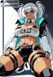 1girl abs ai_generated alabama_(azur_lane) artist_name ass_visible_through_thighs azur_lane bandeau belt bikini bikini_top_only bikini_under_clothes black_bikini black_footwear black_nails black_shorts black_thighhighs body_markings breasts cleavage clothes_writing clothing dark-skinned_female dark_skin detached_collar facial_mark female footwear full_body hair_between_eyes hands_on_own_thighs heavy_breathing high_heels highleg highleg_bikini jacket jennieart02 kneeling large_breasts legwear long_hair long_sleeves looking_at_viewer midriff navel open_clothes open_jacket parted_lips patreon patreon_logo patreon_username red_eyes see-through shoes short_shorts shorts sidelocks skindentation solo squatting stomach stomach_tattoo strapless sweat swimsuit tattoo thick_thighs thigh_strap thighhighs thighs thong thong_bikini tube_top twintails twitter twitter_username very_long_hair watermark white_hair white_tube_top