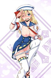 1girls blonde_hair blue_eyes blush breasts dixie_cup_hat earrings female hat highres jewelry kathy_(monster_hunter) long_hair monster_hunter monster_hunter_3_g necktie panties pubic_hair pussy receptionist_(monster_hunter_3_g) sailor_hat salute solo sweat thighhighs underwear wink zaxwu