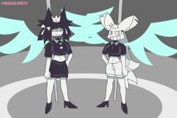 2girls black_hair black_shirt black_skirt clothed exposed_belly exposed_skin fundamental_paper_education furry girls_only lizzy_(fundamental_paper_education) looking_at_viewer magalnik panty_&_stocking_with_garterbelt parody petunia_(fundamental_paper_education) pole posing rabbit rabbit_ears rabbit_girl rabbit_tail self_upload sfw shorts skirt smiling smiling_at_viewer tagme white_hair wings