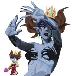 malicious_mandy_(brawl_stars) mandy_(brawl_stars) brawl_stars tagme tagme_(artist) artist_request red_eyes yellow_sclera looking_at_viewer hands_casting_shadow nude nude_female naked naked_female black_hair short_hair horns headgear crown earrings beauty_mark breasts small_breasts shadow slim_waist navel