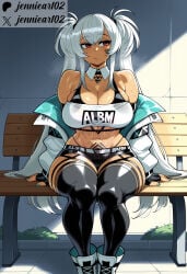 1girl ai_generated alabama_(azur_lane) aqua_nails azur_lane bandeau bare_shoulders bench bikini bikini_under_clothes black_bikini black_gloves black_shorts black_thighhighs body_markings bodypaint breasts cleavage clothes_writing clothing dark-skinned_female dark_skin detached_collar elbow_gloves female fingerless_gloves footwear garter_straps gloves highleg highleg_bikini jacket jennieart02 large_breasts legwear long_hair looking_to_the_side nail_polish native_american navel off_shoulder open_clothes open_jacket patreon patreon_logo patreon_username red_eyes short_shorts shorts sidelocks sitting skindentation sneakers solo stomach_tattoo strapless sweat swimsuit tattoo thick_thighs thighhighs thighs thong tube_top twintails twitter twitter_username very_long_hair watermark white_footwear white_hair white_jacket white_tube_top wide_hips