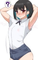 namidame original high_resolution simple_background white_background portrait cowboy_shot standing 1boy androgynous femboy feminine_male girly crossdressing male male_only male_focus solo solo_male black_hair blue_hair multicolored_hair ears sidelocks swept_bangs eyebrows_visible_through_hair brown_eyes blush smile :) looking_at_viewer hands_behind_head arms_up shirt white_shirt shirt_pocket ribbon black_ribbon armpits armpit_crease short_sleeves sleeves_rolled_up nipples nipples_visible_through_clothing shorts blue_shorts bulge bulge_through_clothing buruma blue_buruma thighs thick_thighs ? speech_bubble steam steamy