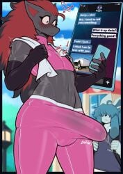 black_body blue_body blush bottomwear bulge_through_clothing clothed clothing erection erection_under_clothes flustered glaceon glistening hi_res male_focus monotone_body multicolored_body nintendo oro97 pockets pokemon pokemon_(species) public pupils texting topwear zoroark