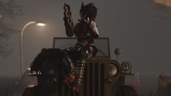 3d anthro arm_guards boots breasts brown_body brown_fur canid canine canis clothed clothing dobermann domestic_dog electronics female fluffy fluffy_tail footwear fur gloves glowing glowing_eyes glowing_tattoo gun hair handwear hi_res jacket jeep kuvora leggings legwear licking_gun licking_weapon long_hair long_tail looking_at_viewer m9 mammal nipples p90 pawpads paws phone pink_eyes pinscher pubic_tattoo ranged_weapon retro_raptor shoes sitting sitting_on_car solo straps streetwear submachine_gun tail tattoo techwear toeless_boots toeless_footwear topless topless_anthro topwear traffic_cone weapon