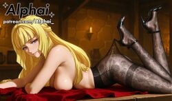 1girl 2025 2026 absurd_res absurdres ai ai-created ai_art ai_assisted ai_generated alphai bangs beer_on_table black_high_heels blonde_hair blunt_bangs blushing cinematic_lighting colorful_background depth_of_field detailed_background detailed_hair detailed_skin dramatic_shadows fabric_emphasis feet_up gundam_tekketsu_no_orphans high-waist_pantyhose high_quality high_resolution highres kudelia_aina_bernstein kudelia_aina_bernstein_(mobile_suit_gundam) legs long_hair looking_at_viewer lying mature_female medium_breasts mobile_suit_gundam mobile_suit_gundam:_iron-blooded_orphans naughty_face on_stomach on_table pantyhose_pull particles patreon patreon_link patreon_url patreon_username purple_eyes raised_eyebrows semirealistic side_view sidelocks skindentation smile solo tavern_background the_pose thighs tightstrend volumetric_lighting