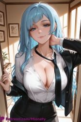 miwa_kasumi original goddess_of_victory:_nikke jujutsu_kaisen breasts 1girl necktie solo shirt blue_hair long_hair jacket blue_eyes cleavage large_breasts white_shirt smile looking_at_viewer patreon_username black_jacket black_pants pants collared_shirt web_address open_clothes black_necktie artist_name long_sleeves open_jacket suit closed_mouth indoors collarbone office_lady formal partially_unbuttoned lips off_shoulder plant dress_shirt shirt_tucked_in blazer black_suit watermark open_door standing upper_body open_shirt holding window very_long_hair high-waist_pants potted_plant meme loose_necktie nose doorway blue_necktie blush mionety ai_generated