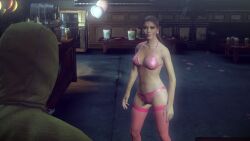 2019 3d 3dcg absurd_res agent_47 artist_request bare_shoulders brown_hair christie_murray collarbone earrings edited_screencap emotionless emotionless_female expressionless game_cg game_screenshot glitter_bikini hitman hitman_absolution imminent_death lingerie male_pov navel necklace pink_lingerie pink_stockings shocked_expression spotted stripper whore