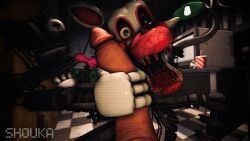 3d 3d_(artwork) 4_fingers absurd_res ambiguous_gender animatronic anthro big_penis blood blood_in_mouth blood_on_face bodily_fluids canid canine creepy endoskeleton fear_boner fingers five_nights_at_freddy's five_nights_at_freddy's_2 floor fox genitals handjob hi_res human inside machine male male/ambiguous mammal mangle_(fnaf) office on_model penile penis robot rosy_cheeks scottgames sex sharp_teeth shoukaart static teeth tile tile_floor watermark yellow_eyes
