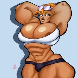 1boy abs baun_(connthicc) belly_piercing bikini_top booty_shorts child_bearing_hips connthicc daisy_duke dark-skinned_femboy dark-skinned_male dark-skinned_sissy dark-skinned_twink dark_skin flexing freckles male muscular muscular_male piercing solo thick_thighs thighs thunder_thighs wide_hips