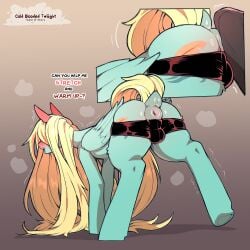 anus bestiality blonde_hair bulge clothed clothing cold-blooded-twilight dialogue duo english_text equid equine feathered_wings feathers feral friendship_is_magic green_body hair hasbro hi_res male male/male mammal my_little_pony mythological_creature mythological_equine mythology pegasus quadruped tail text wings zephyr_breeze_(mlp)