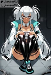 1girl ai_generated alabama_(azur_lane) azur_lane bandeau black_footwear black_shorts black_thighhighs breasts cleavage closed_mouth clothes_writing clothing coat crossed_bangs crossed_legs cuffs dark-skinned_female dark_skin detached_collar facepaint facial_mark fang female full_body hair_between_eyes handcuffs hands_on_own_knees jacket jennieart02 knees_up large_breasts legwear long_hair long_sleeves looking_at_viewer open_clothes open_coat open_jacket patreon patreon_logo patreon_username red_eyes shiny_clothes shoes short_shorts shorts sidelocks sitting skindentation smile sneakers solo strapless sweat thigh_strap thighhighs thighs tube_top twintails twitter twitter_username very_long_hair watermark whisker_markings white_coat white_hair white_jacket white_tube_top