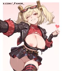 2d 2d_(artwork) ai_assisted ai_generated burnice_white fanor heart jacket large_breasts long_nails nipples open_mouth pussy selfie smile standing zenless_zone_zero