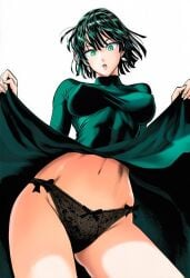 1girls 2d :o accurate_art_style accurate_body_type ai_generated ass_visible_through_thighs belly_button big_breasts black_hair black_panties bob_cut bow bow_panties breasts breasts_apart cel_shading clothed clothes_lift clothing covered_collarbone covered_nipples cowboy_shot dress dress_lift earrings erect_nipples erect_nipples_under_clothes eyelashes female female_focus female_only from_below front_view fubuki_(one-punch_man) green_dress green_eyes green_hair hair_between_eyes high_collar high_resolution highres jewelry lace lace-trimmed_panties lace_trim large_breasts lifted_by_self lifting_own_clothes light-skinned_female light_skin line_art lingerie lingerie_panties long_sleeves looking_at_viewer looking_down looking_down_at_viewer low-angle_view manga_style midriff murata_yuusuke_(style) navel no_bra official_style one-punch_man panties pantsu parted_lips perky_breasts shiny_hair shiny_skin simple_background solo solo_female solo_focus standing taut_clothes taut_dress thighs tight_clothing underwear viewed_from_below white_background
