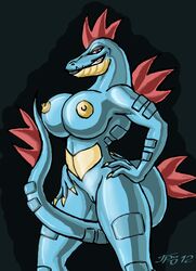 2012 amber_eyes anthro areola big_breasts breasts female feraligatr grin grriva hair looking_at_viewer nintendo nipples nude pokemon pussy red_hair smile