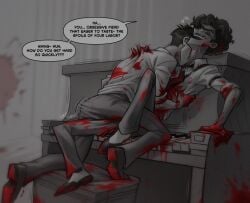 alastor_(hazbin_hotel) hazbin_hotel ranksauce 2boys vox_(hazbin_hotel) dominant domination submission gay gay_sex gay_domination gay_male maledom malesub submissive submissive_male dominant_male yaoi grinding grinding_through_clothes humping blood_on_face blood_stain kissing kiss kissing_neck neck_kiss human_vox_(hazbin_hotel) human_alastor_(hazbin_hotel)