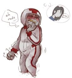 grey_skin helmet jumpsuit clothed boner boner_in_pants thinking_of_someone text text_bubble blushing blush biting_lip squirming jerking_off_hand_motion jerking precum eyes_closed yellow_teeth wreck-it_ralph turbo_(wreck-it_ralph) turbo_twins