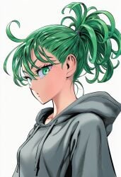 1girls 2d :o accurate_art_style accurate_body_type ai_generated alternate_costume alternate_hairstyle arms_at_sides bangs breasts cel_shading clothed clothing collarbone curly_hair drawstring eyelashes female female_focus female_only flipped_hair green_eyes green_hair grey_hoodie hair_between_eyes high_resolution highres hood hood_down hoodie line_art long_sleeves looking_at_viewer manga_style medium_hair murata_yuusuke_(style) official_style one-punch_man perky_breasts ponytail profile shiny_hair short_ponytail side_view simple_background small_breasts solo solo_female solo_focus standing tatsumaki tied_hair upper_body v-shaped_eyebrows white_background