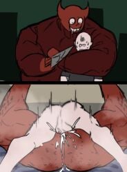 22woofo at_knifepoint bara bob_velseb cum cum_in_ass cum_inside fucking fucking_ass gay gay_sex hairy instant_loss_2koma killer knife male male/male male_only mask masked mating_press scared scared_expression scared_male size_difference small_dom_big_sub spooky_month sr_pelo weapon white_body white_skin