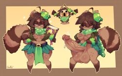 2026 absurd_res anthro belt book braided_hair breasts brown_background brown_hair digital_media_(artwork) erection facial_markings front_view genitals ghostlykoisus gynomorph hair head_markings hi_res holding_book holding_object intersex leaf leaf_on_head looking_at_viewer mammal markings mask mask_(marking) navel penis procyonid raccoon simple_background smile solo standing tail wearing_mask
