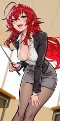 1girls ahoge ai_generated bent_over blazer classroom cleavage collarbone collared_shirt crossed_bangs female female_only from_below green_eyes hair_between_eyes hand_on_leg high_school_dxd holding_object indoors leaning_forward long_hair long_sleeves looking_at_viewer molamaxuy open_clothes open_mouth pantyhose pencil_skirt perfect_body playful plunging_neckline pointer red_hair rias_gremory round_glasses sexy smile solo standing teasing teeth unbuttoned