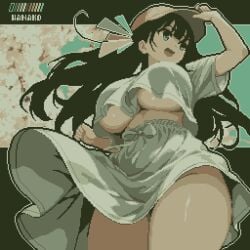 1girl adjusting_clothes adjusting_headwear artist_name artist_request black_hair blue_eyes breasts cherry_blossoms color_guide commentary_request hat highres large_breasts legs limited_palette long_hair looking_to_the_side open_mouth original pixel_art shirt short_sleeves skirt smile solo specialhanako underboob white_shirt white_skirt wind