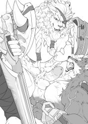 2boys abs anal bara biceps erection furry furry_male highres holding holding_sword holding_weapon league_of_legends leoles14 looking_at_another looking_down looking_up male_focus monochrome multiple_boys muscular muscular_male navel nipples open_mouth pectorals penis rengar sex sword testicles warwick weapon yaoi