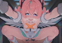 1boy 1girls alternate_version_available angels_of_delusion aria_(zenless_zone_zero) aria_(zenless_zone_zero)_(human_form) armpits blue_eyes blush bow censored clothed_sex commentary_request cowgirl_position dress girl_on_top gloves highres light-skinned_female light_skin looking_at_viewer male_pov mosaic_censoring nude nude_male open_mouth pink_hair pov pussy_juice sex solo vaginal vaginal_penetration white_dress wings wood_cube zenless_zone_zero