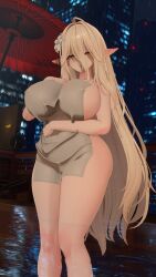 cornelia_vr vrchat 3d thick_thighs covering towel big_breasts thighs elf_ears yellow_eyes yellow_hair tagme looking_at_viewer rain night long_hair big_ass flower flower_in_hair white_skin 1girls solo umbrella concerned_look pool water outdoors