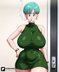 onemoretimeai ai ai_assisted ai_generated bulma_briefs bulma bulma_(dragon_ball) dragon_ball dragon_ball_z blue_eyes blue_hair short_hair smoking smoke smoking_cigarette earings looking_at_viewer glossy_lips big_breasts big_ass curvy curvy_figure sagging_breasts sleeveless hand_on_hip big_thighs turtleneck turtleneck_sweater cowboy_shot