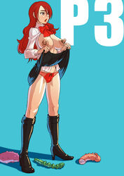 boots breasts dildo high_heel_boots high_heels large_breasts mikoyan mitsuru_kirijo nipple_piercing nipples panties persona persona_3 piercing red_hair school_uniform skirt_lift vibrator