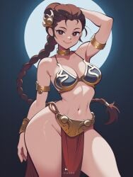 1girl 1girls 2026 barely_clothed belly belly_button bikini brown_eyes brown_hair fliphrrr long_hair looking_at_viewer princess_leia_organa simple_background slave_bikini slave_girl slave_leia slave_outfit smile smiling smiling_at_viewer star_wars wide_hips