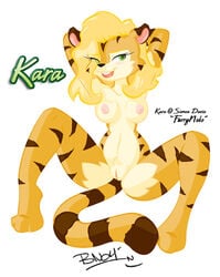 anthro blonde_hair breasts feline female fur furry green_eyes hair kara nude omgtkb pussy raised_arm solo spread_legs spreading tiger